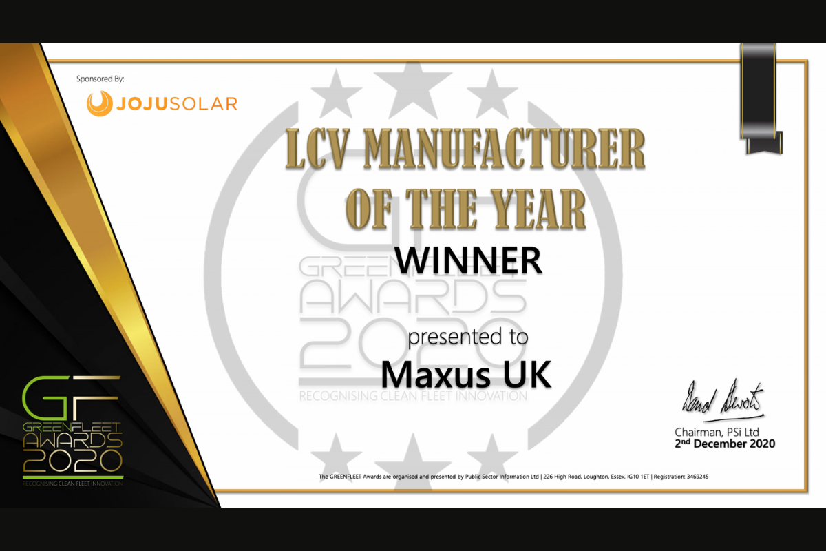 MAXUS UK Winner of LCV Manufacturer of the Year at the GreenFleet Awards